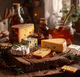 a group of cheeses on a wooden board