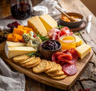 a cheese board with different types of cheese and crackers