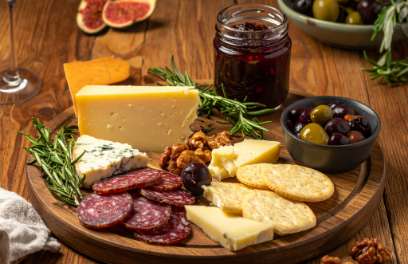 a plate of cheese and olives
