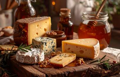 a group of cheeses on a wood surface
