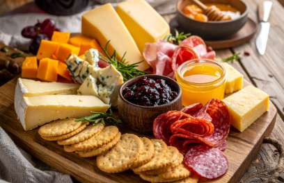 a cheese and meat platter with jams and crackers