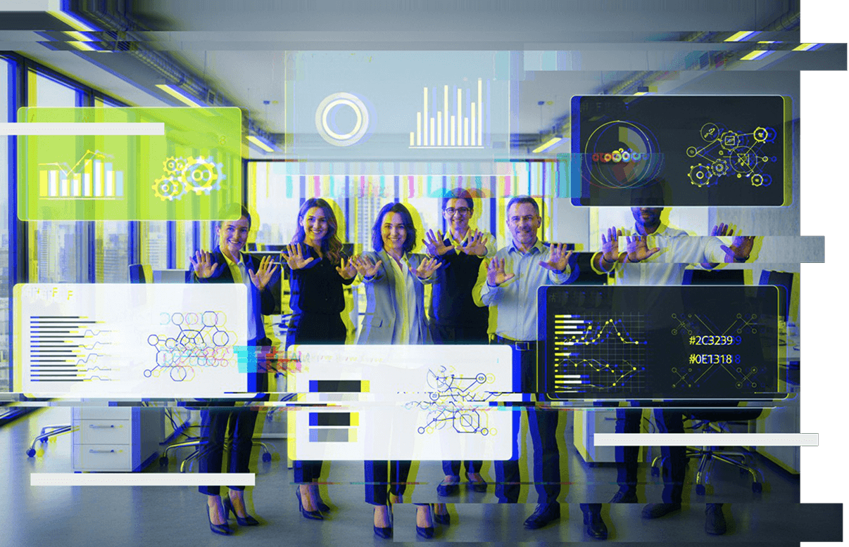 a group of people standing in front of a transparent wall with graphics