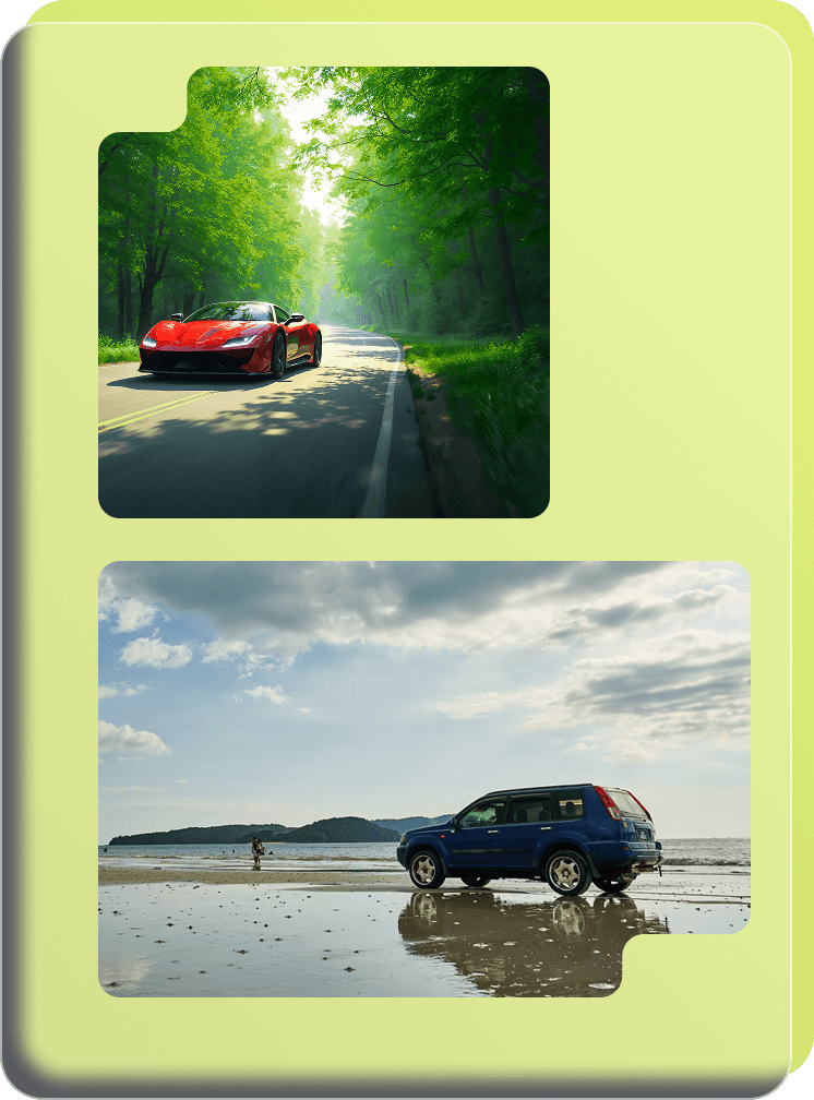a collage of cars on a beach and forest