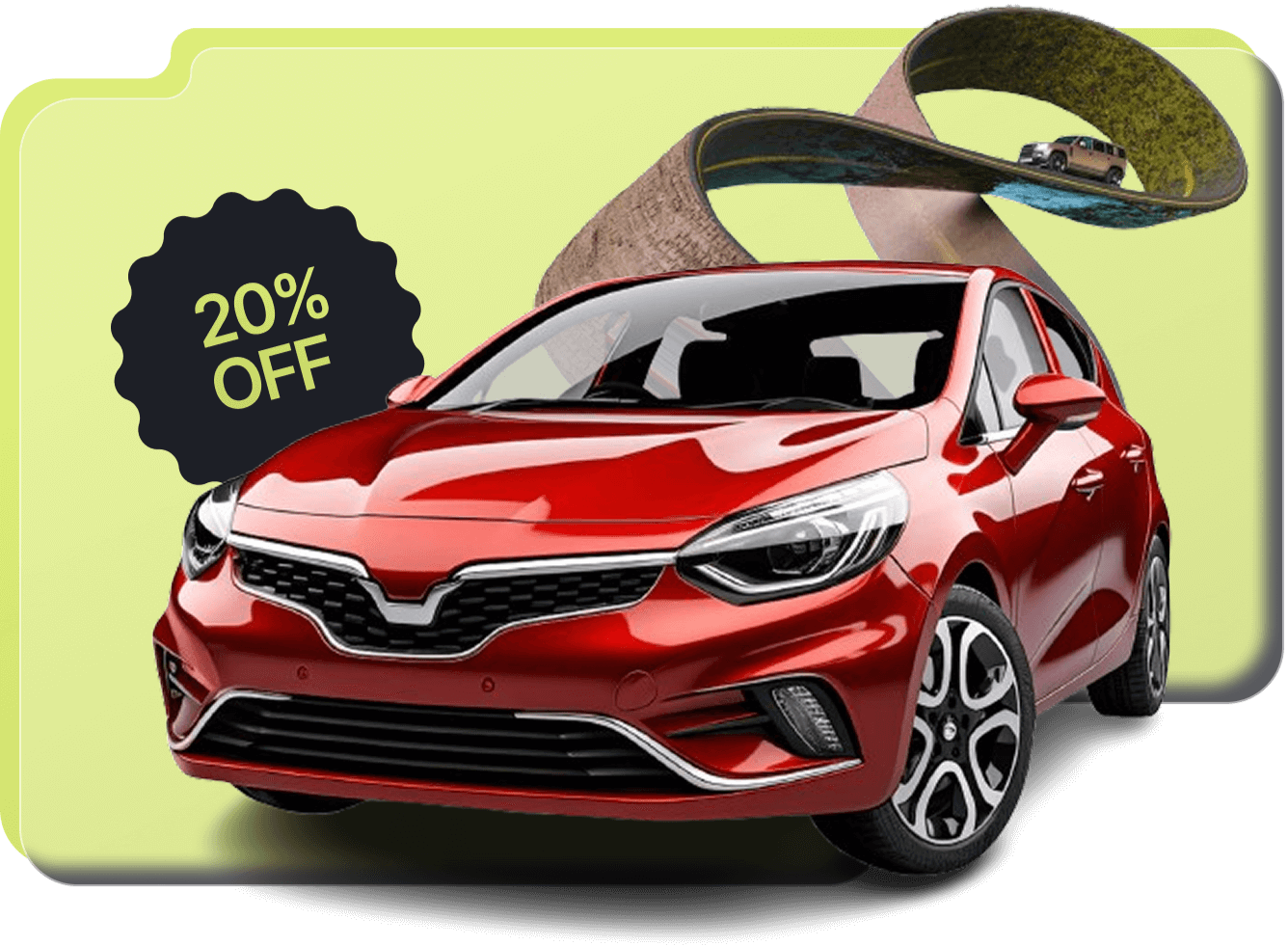 a red car with a curved ribbon