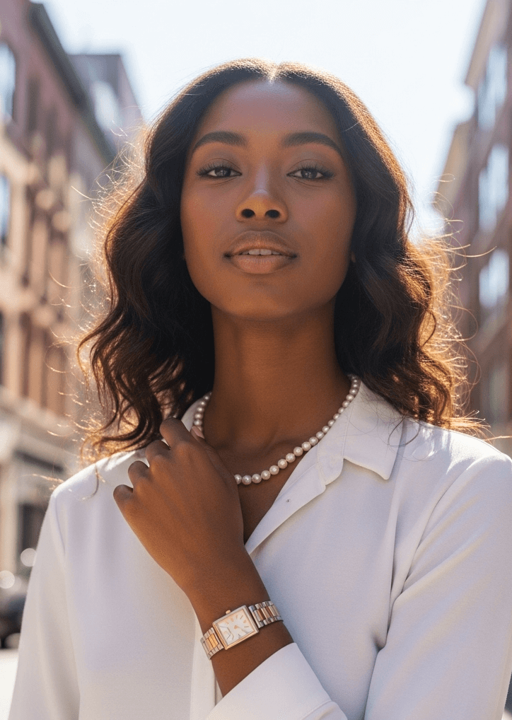 a woman in a white shirt with a watch