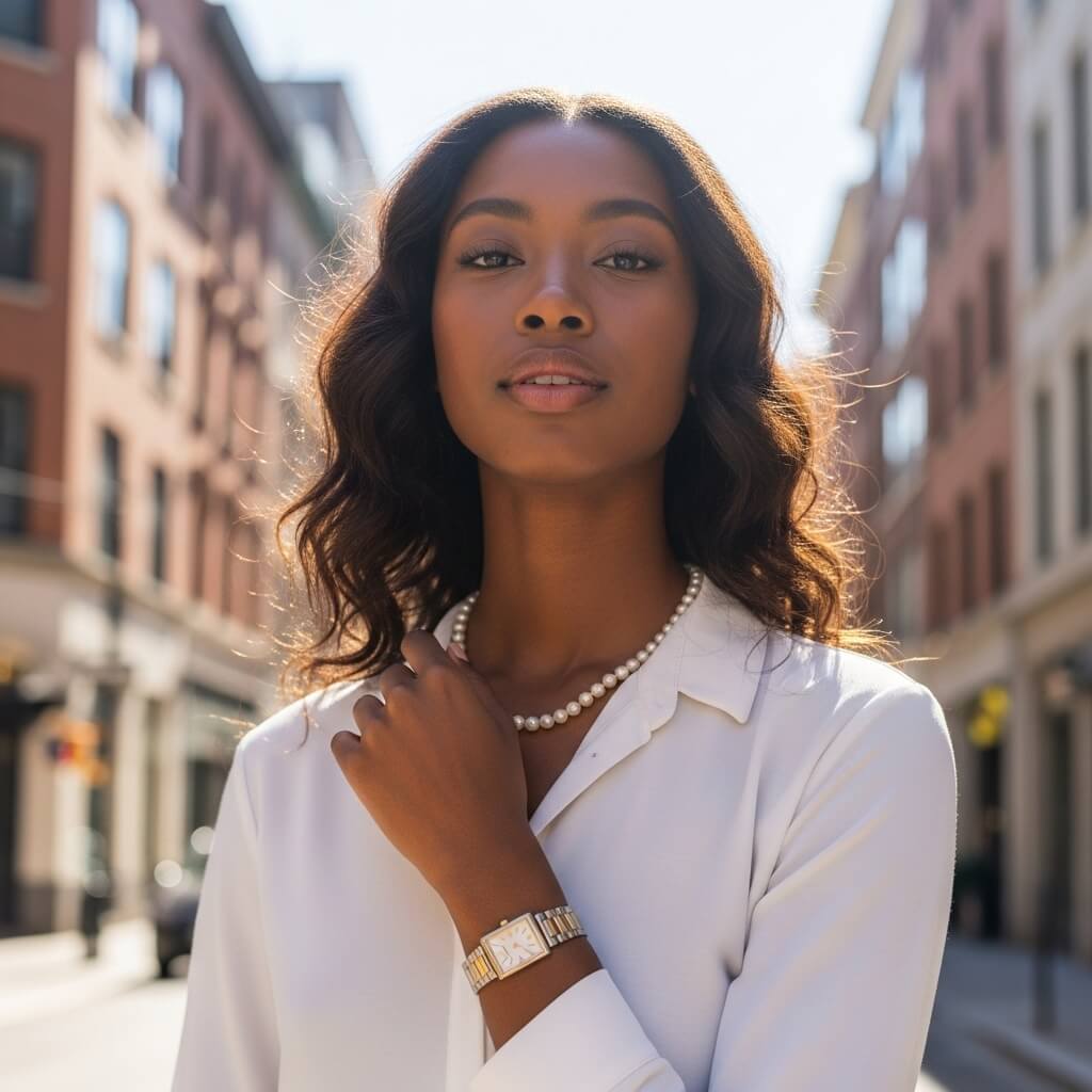 a woman in a white shirt with a watch