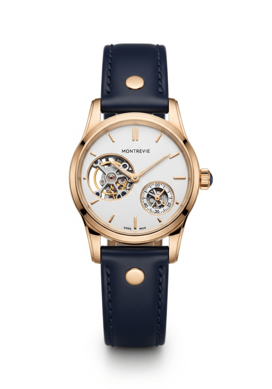 a gold and blue watch with a white face