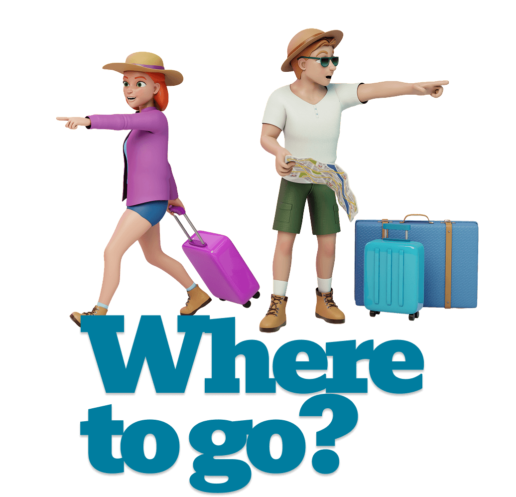 cartoon characters with luggage and text