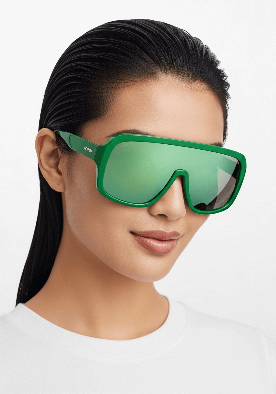 a woman wearing green sunglasses
