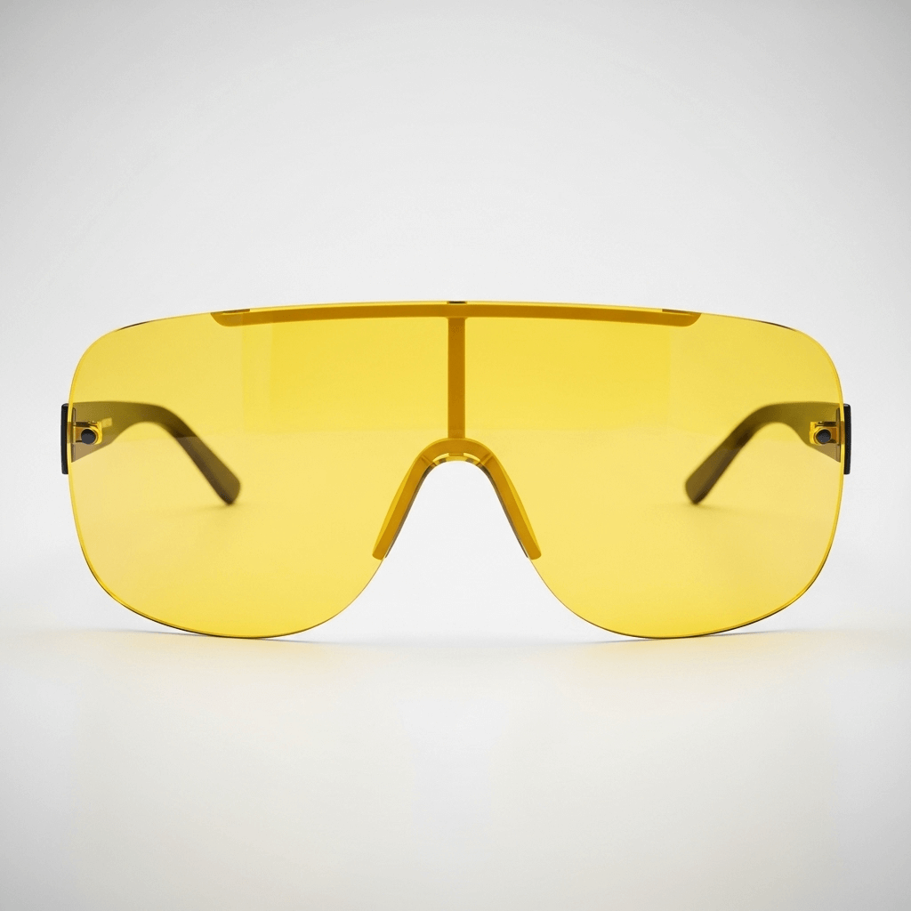 a yellow sunglasses with black frames