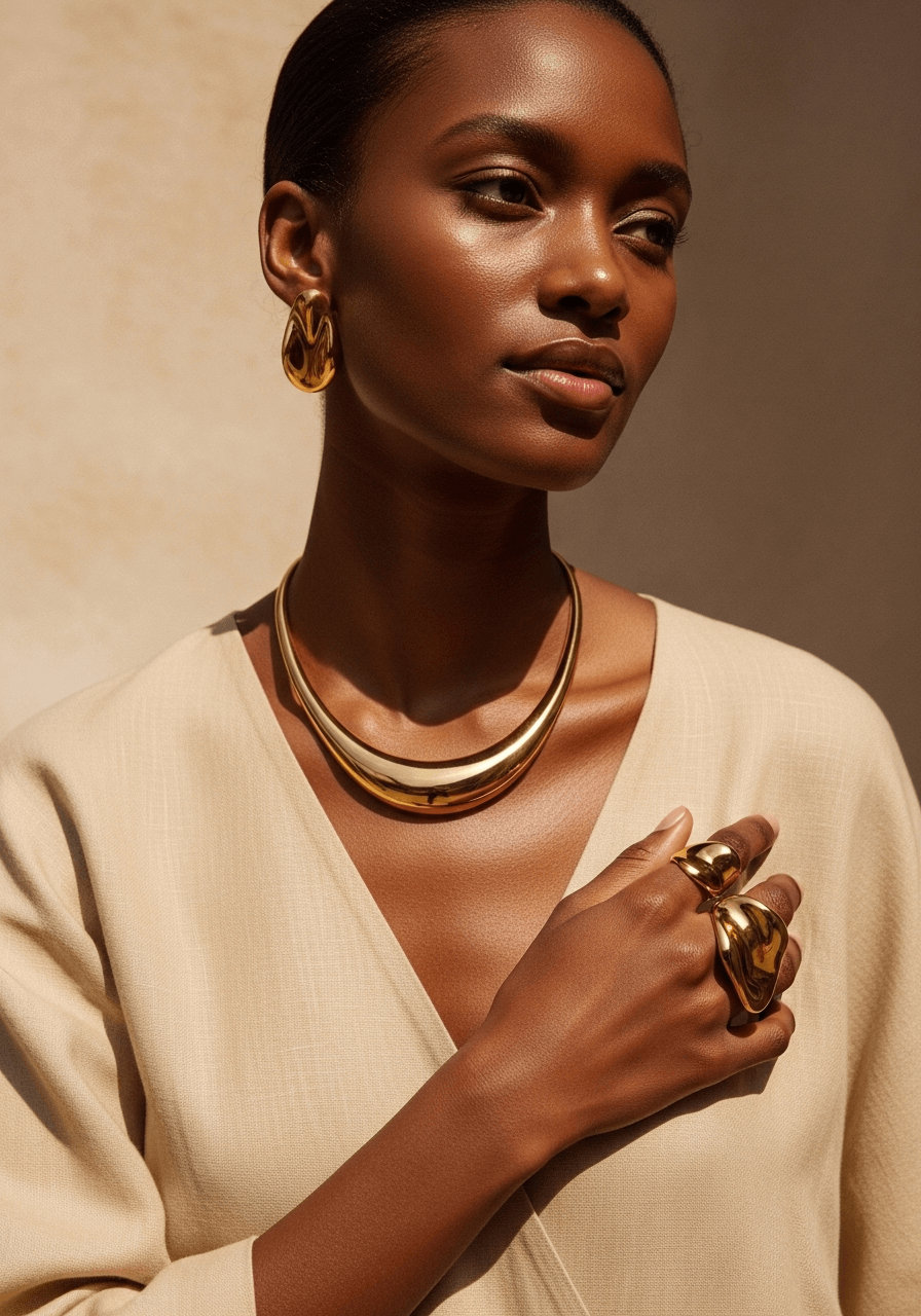 a woman wearing a cream outfit and jewelry