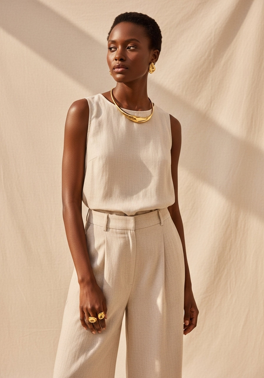 a woman wearing a cream outfit and jewelry