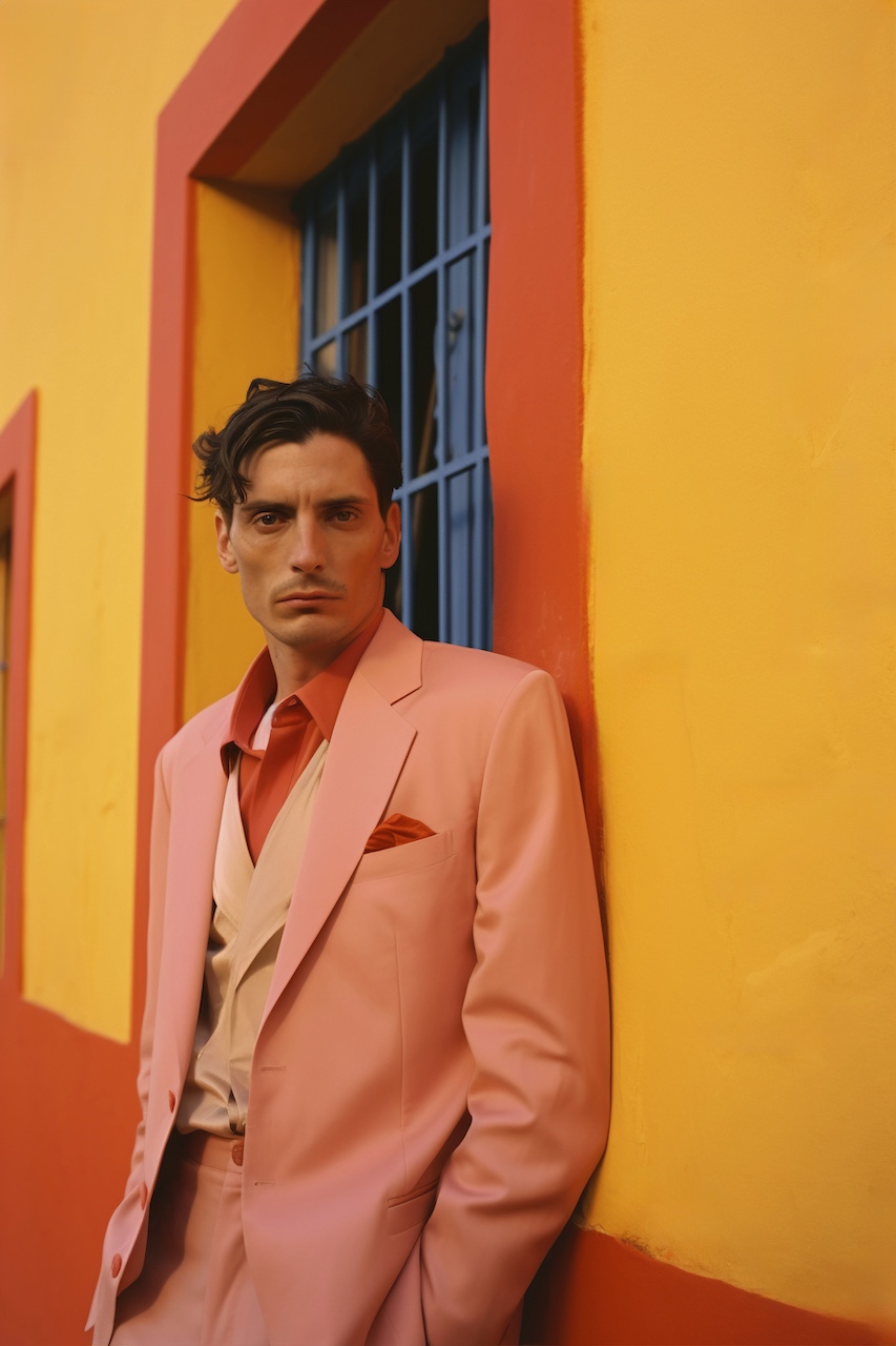 a man in a pink suit leaning against a yellow wall