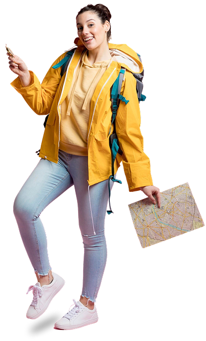 a woman wearing a yellow raincoat and holding a map