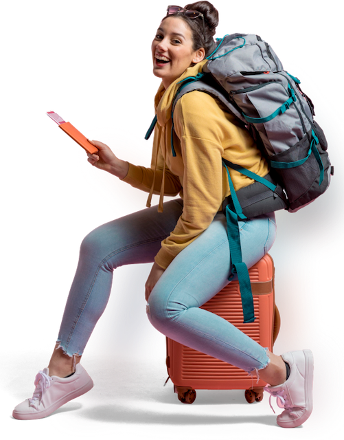 a woman sitting on a suitcase