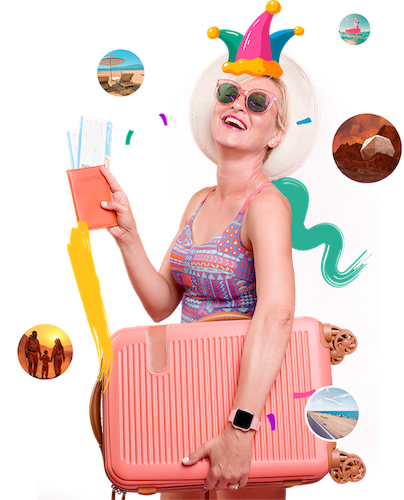 a woman wearing a hat and sunglasses holding a pink suitcase and passport