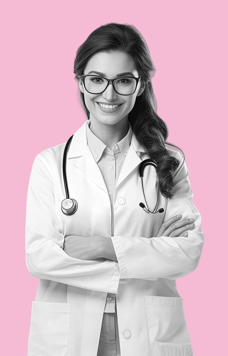 a woman wearing glasses and a white lab coat with a stethoscope around her neck