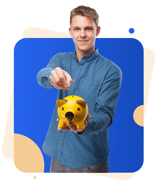 a man putting money into a yellow piggy bank