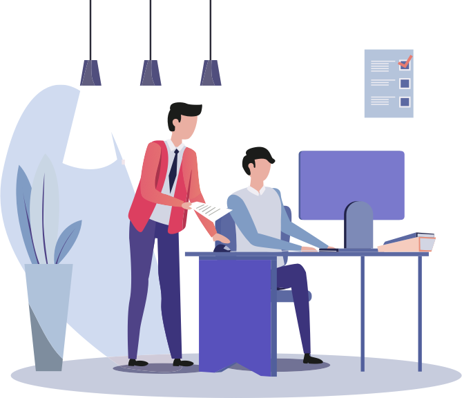 a man standing at a desk with a man in front of him