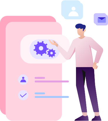 a man standing next to a screen