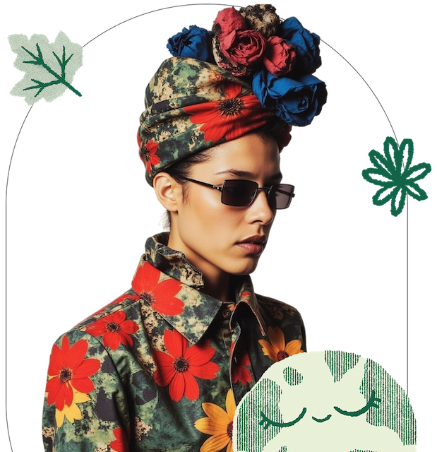 a woman wearing sunglasses and a turban with flowers on her head