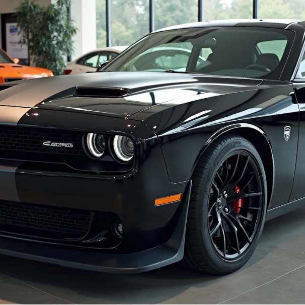 a black car in a showroom