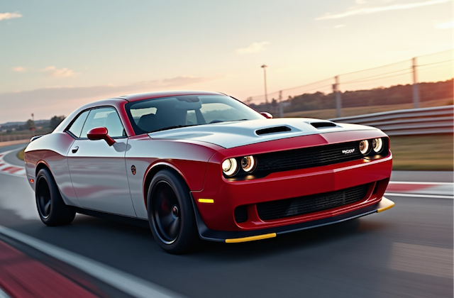 a red and white car on a road