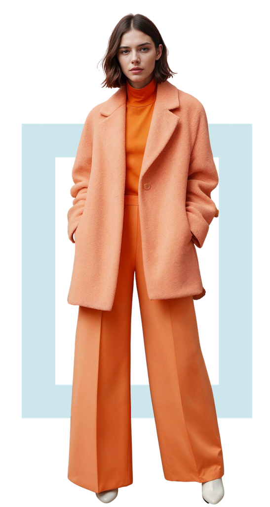 a woman wearing a pink coat and orange pants