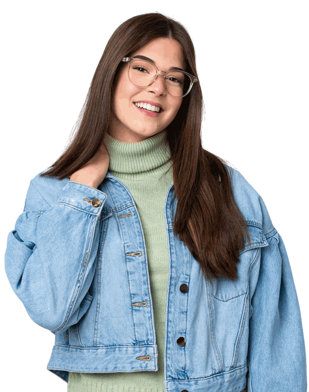 a woman wearing glasses and a denim jacket