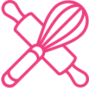 Pink line icon of a kitchen roller and manual hand mixer