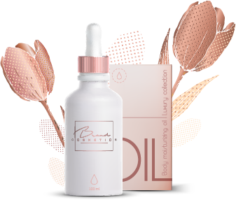 Cosmetics dropper bottle with package and decorative tulips on the back
