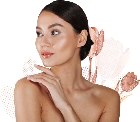 Brunette girl portrait with decorative tulips on the back