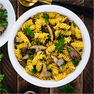 Fusilli Pasta with mushrooms on a plate