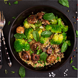 Quinoa bowl with mushrooms and broccoli