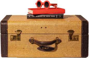 Image of suitcase with two books and sunglasses on top