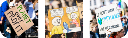 Three images of protest signs