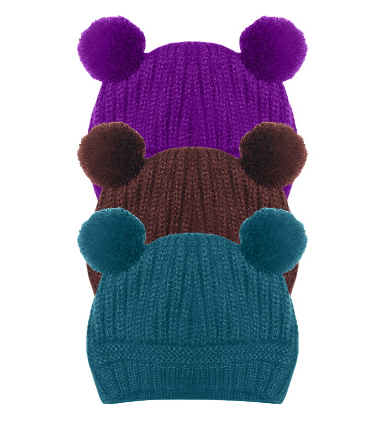 Set of three winter hats with pompoms