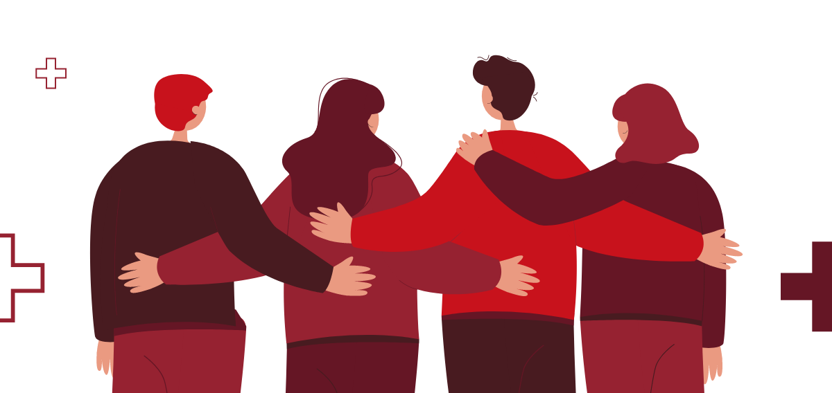 Group of people hugging each other back view standing together