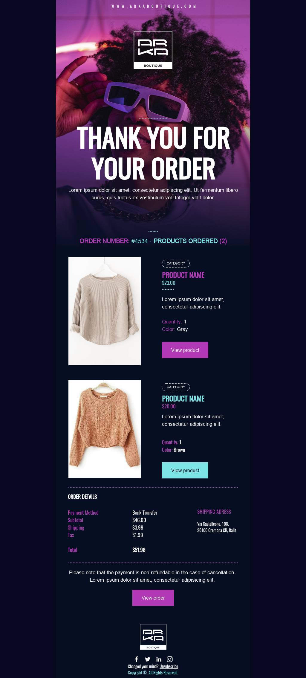 Transactional Thank you for your order email