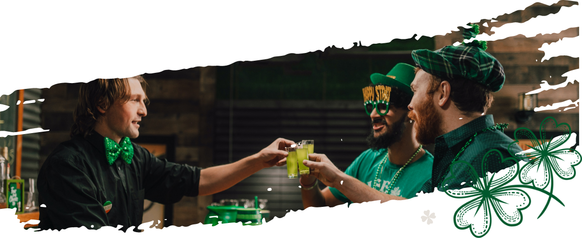 Three men in a bar celebrating Saint Patrick