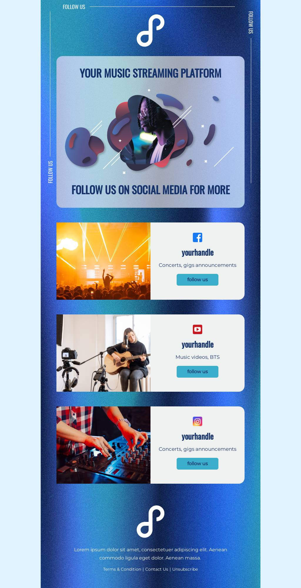 Follow us on social media - Music streaming service