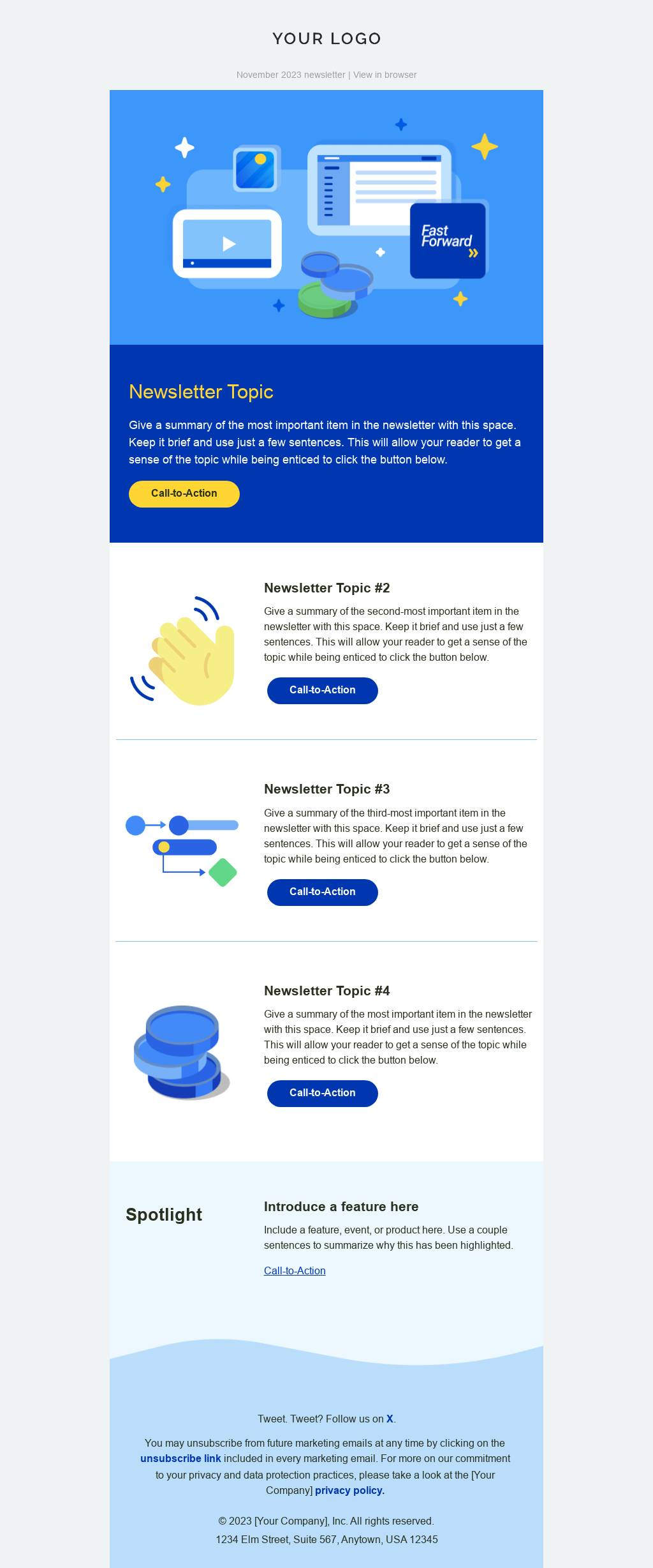 Newsletter template with hero and spotlight sections