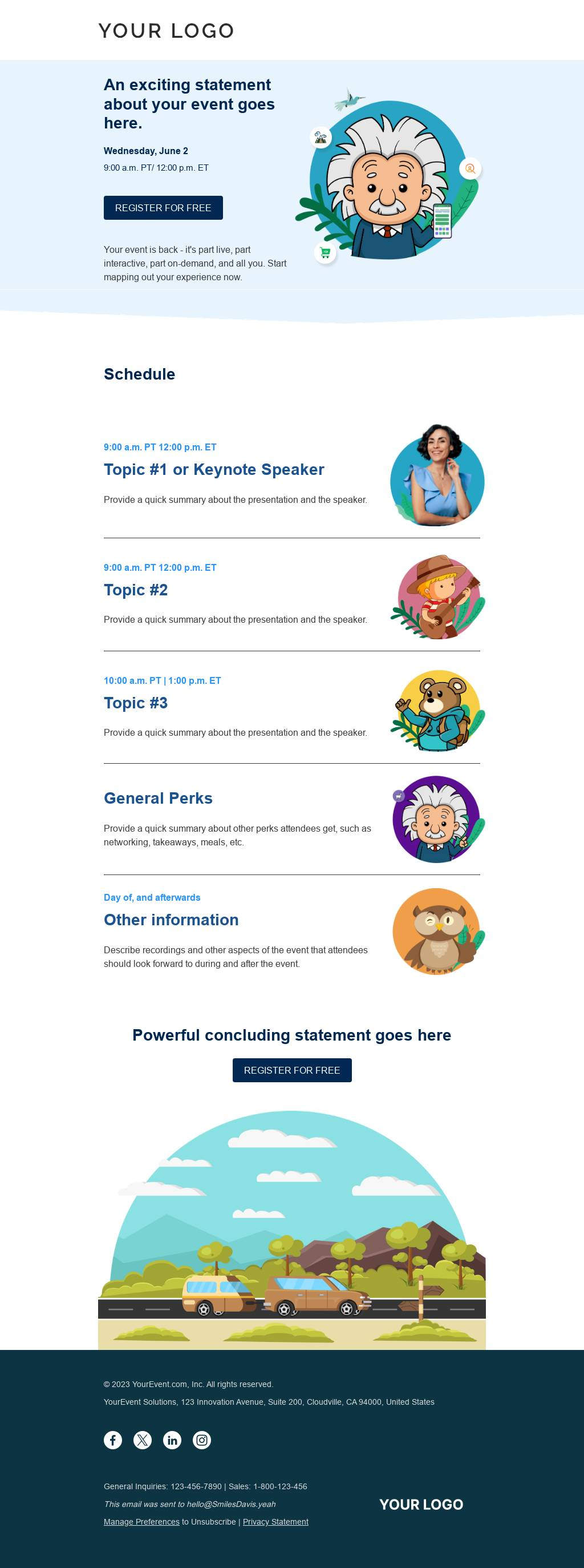 Event promotion template with schedule section