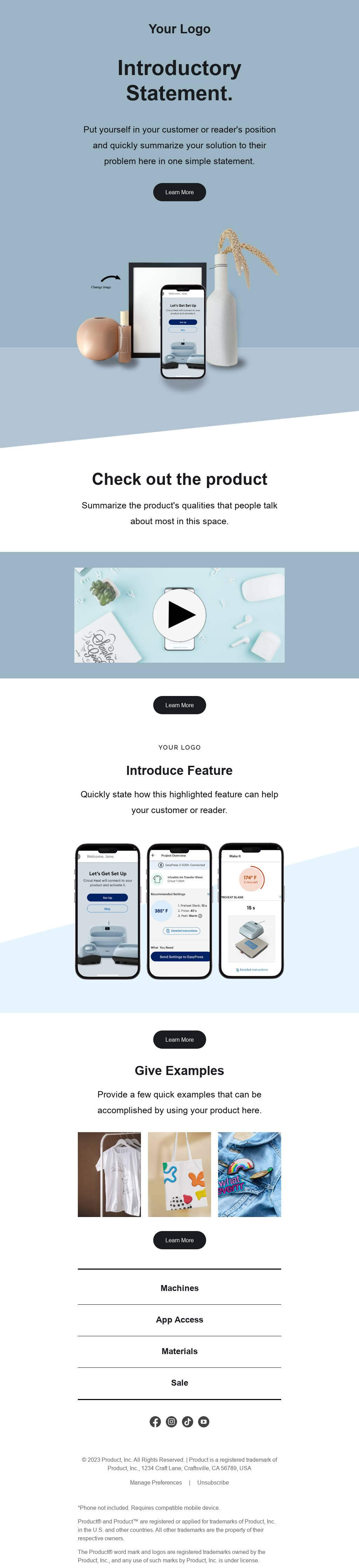 Product launch template with video section