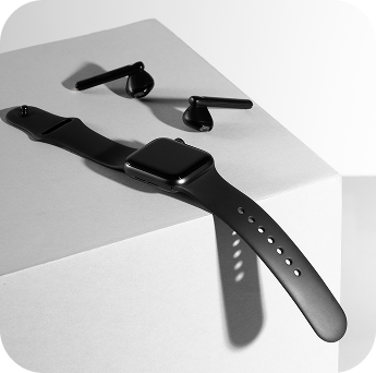 a smart watch and earbuds