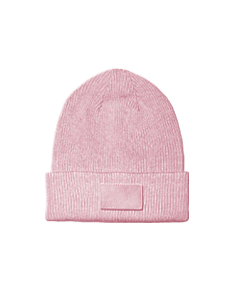 a pink beanie with a label