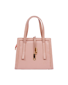 a pink handbag with a gold handle