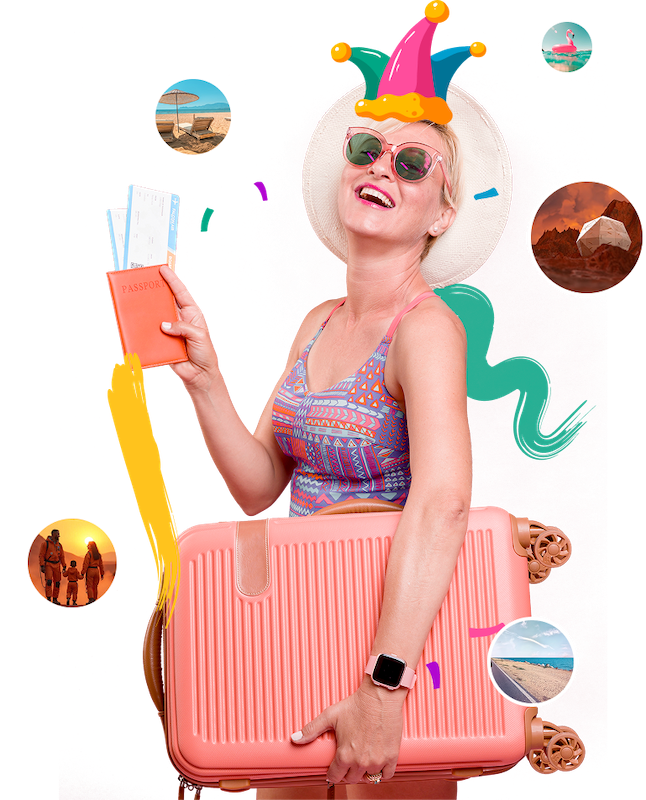 a woman wearing a hat and sunglasses holding a pink suitcase and passport