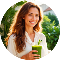a woman smiling at a table with a drink
