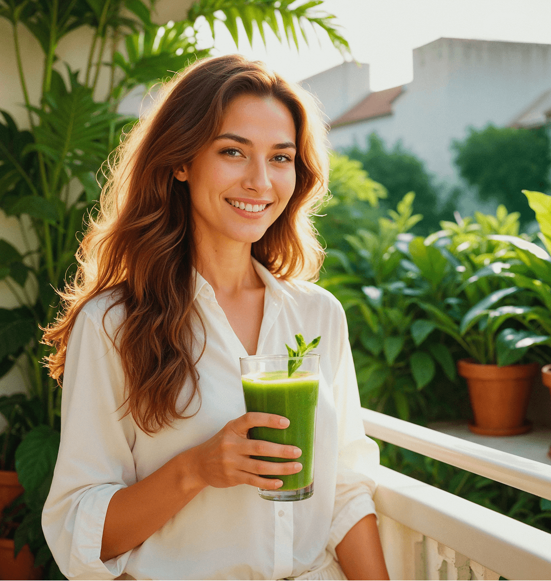 a woman holding a green drink
